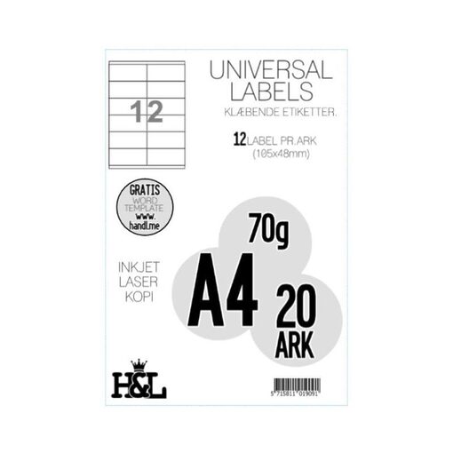 Labels,H&L 12 label pr. A4 ark