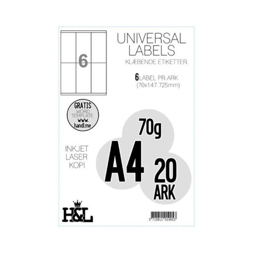 Labels,H&L 6 label pr. A4 ark