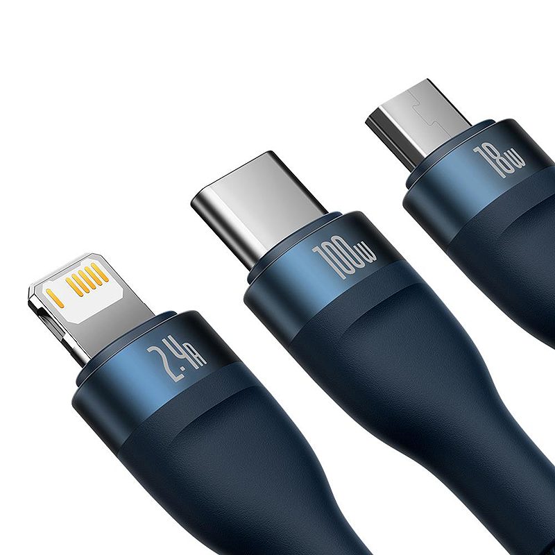 Baseus cable 3in1 Flash II USB - micro USB + Lightning + USB-C 1,2m 3,5A blue 66W - Billede 3