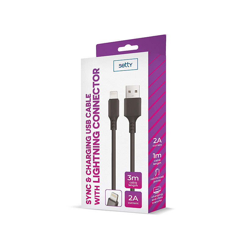 Setty cable USB - Lightning 3,0 m 2A black NEW - Billede 2
