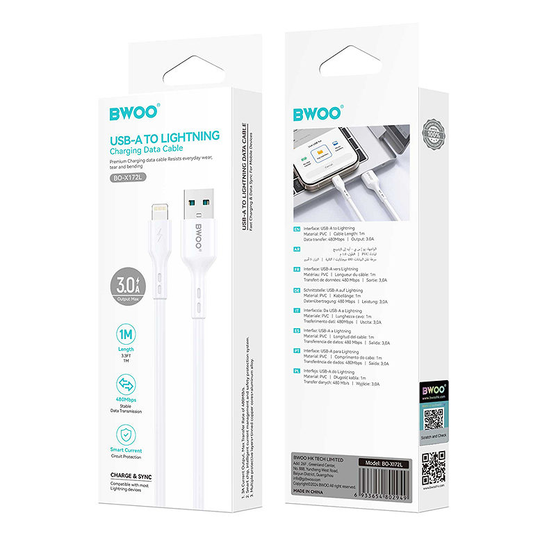 BWOO Cable USB - Lightning 1m 3A White X172L - Billede 3