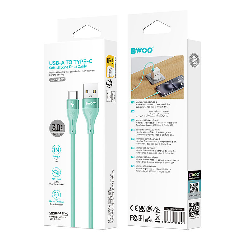 BWOO Cable USB - USB-C 1m 3A Minimalist Silicone Green X280C - Billede 5