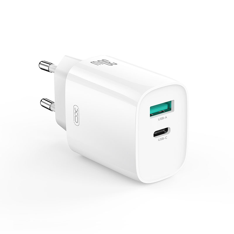 Alternative view of XO wall charger CE30 PD 30W 1x USB-C 1x USB white + cable USB-C - Lightning