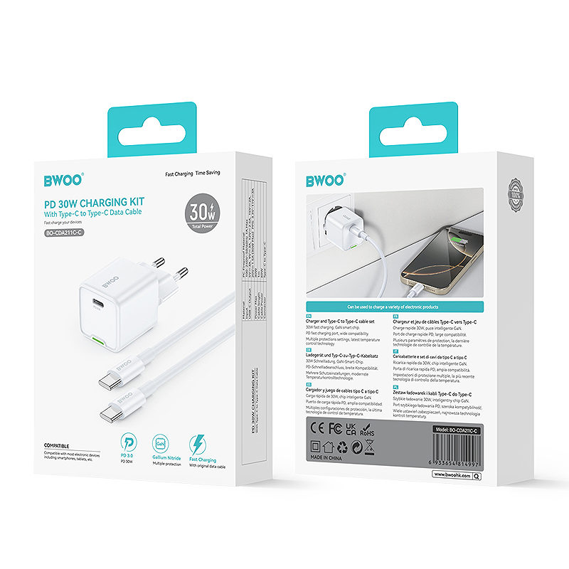 BWOO GaN PD 30W wall charger 1x USB-C port with 60W cable USB-C 2A white - Billede 4