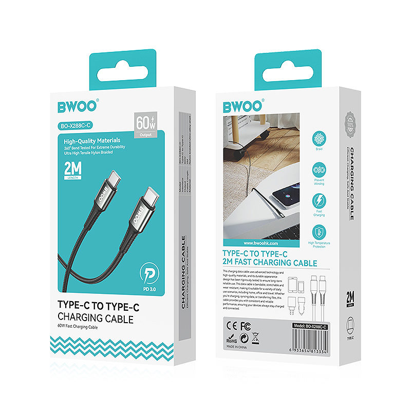 BWOO Braided Cable USB-C - USB-C 2m 60W black