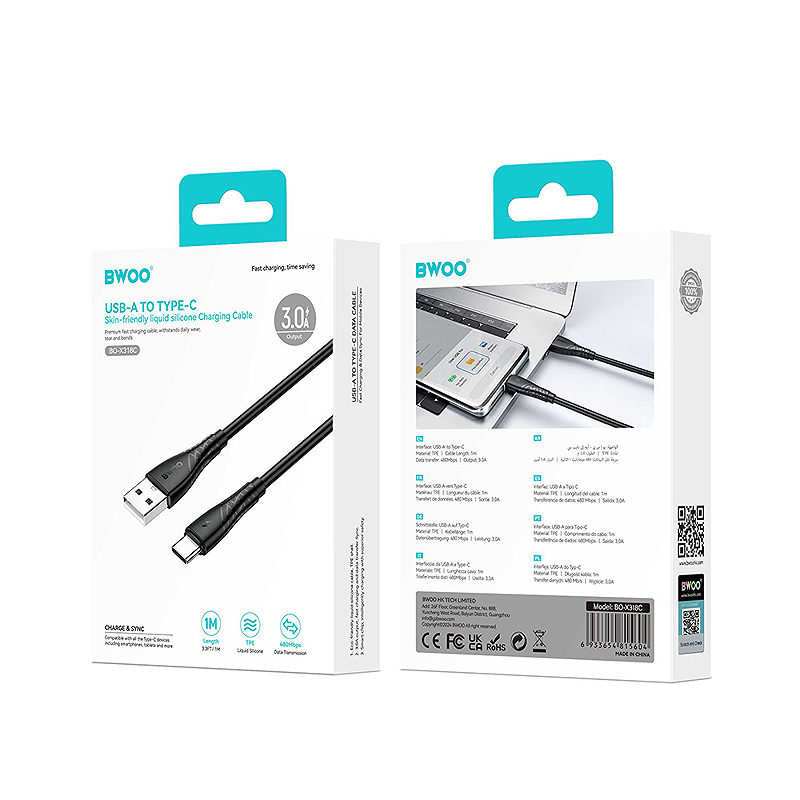 BWOO Cable USB - USB-C 1m 27W 3A Black BO-X318C