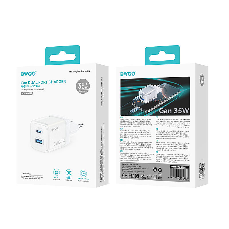BWOO GaN wall charger CDA222 PD 35W 1 x USB 1 x USB-C, white - Billede 4