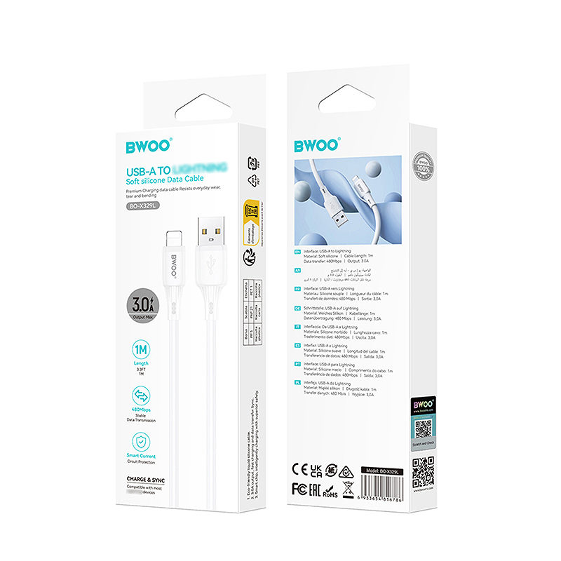 BWOO 3A silicone cable X329L usb - lightning 3A 1m white