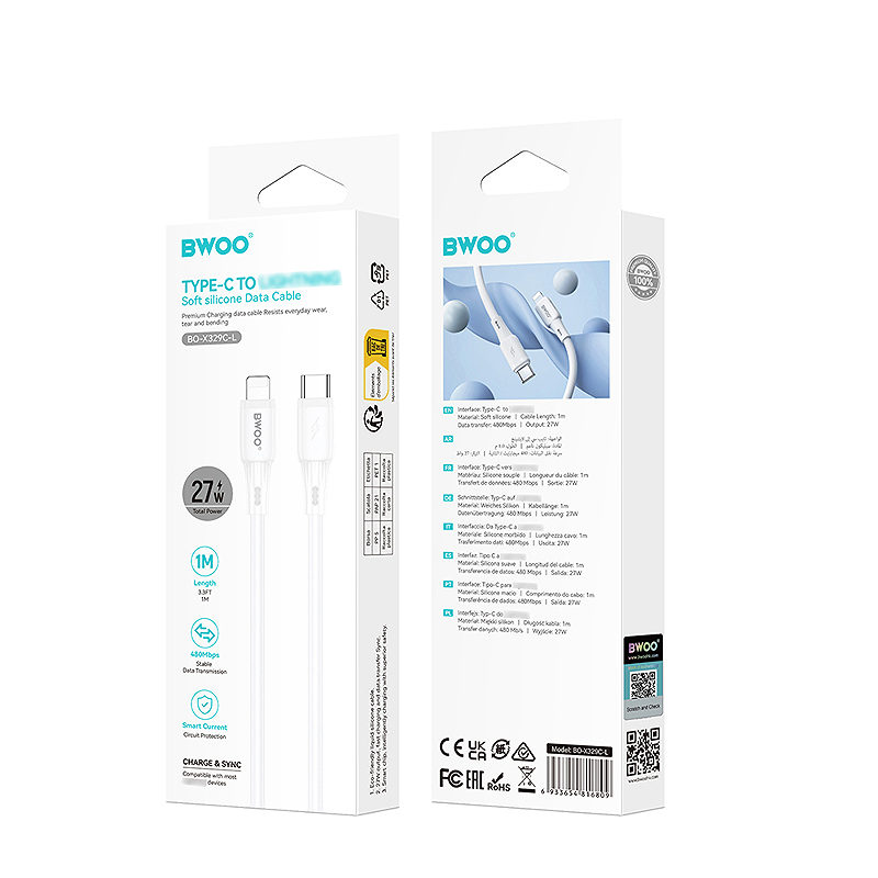 BWOO silicone cable X329CL 27W USB-C - lightning 1m white - Billede 4