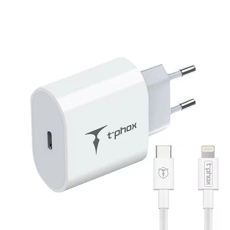 WALL CHARGER T-PHOX ISPEED 20W USB-C/LIGHTNING CABLE WHITE