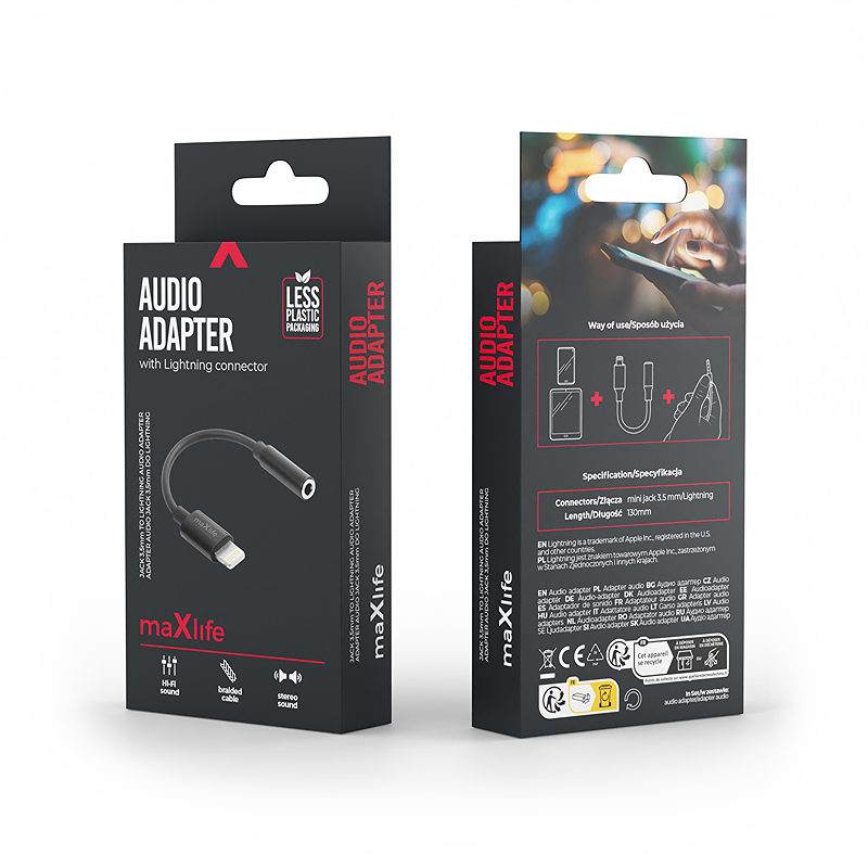 Maxlife adapter audio MXJL-02 jack 3,5 mm - Lightning black - Billede 2