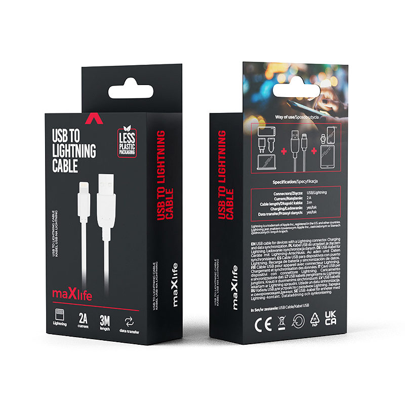 Maxlife cable USB - Lightning 3,0 m 2A white