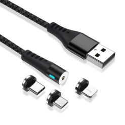 Maxlife MXUC-02 magnetic cable USB - Lightning + USB-C + microUSB 1,0 m 2A black nylon - Billede 5