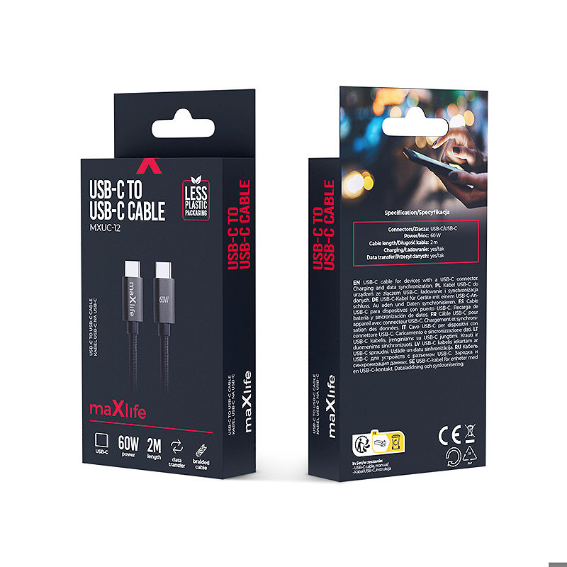Maxlife MXUC-12 cable USB-C - USB-C 2,0 m 60W black - Billede 4