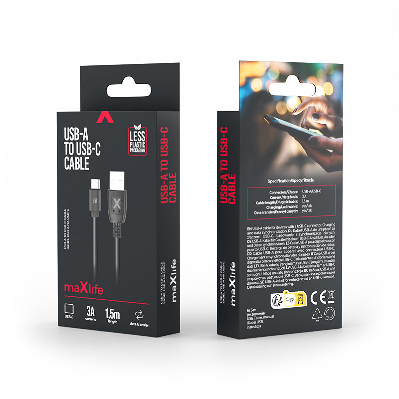 Alternative view of Maxlife cable USB - USB-C 1,5 m 3A black