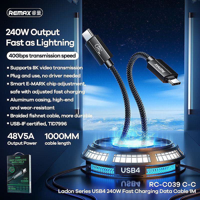 Alternative view of CABLE REMAX LADON SERIES 240W RC-C039 USB 4.0 USB-C/USB-C 1M BLACK