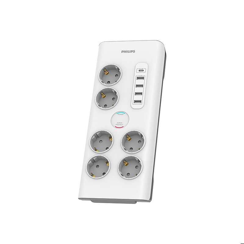 Anti-surge power strip PHILIPS extension cord 6 Schuko sockets + 6xUSB-A + 1xUSB-C 2m 16A white